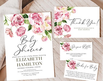 Flower Baby Shower Invitation Set, Floral Baby Shower Invite Bundle, Baby In Bloom Baby Shower, Thank You Card, Peony Baby Shower 672G