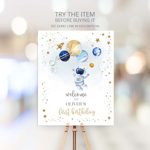 Editable Outer Space Birthday Welcome Sign | Baby&#39;s 1st Birthday Space | First Trip Around the Sun Sign | Blue Gold Galaxy Birthday SP207