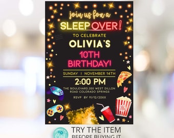 May include: A black and gold birthday party invitation with neon pink and yellow text. The invitation says "Join us for a Sleepover! To Celebrate Olivia's 10th Birthday!" The invitation also includes a pizza slice, a video game controller, a popcorn bucket, and a red cup with a straw.