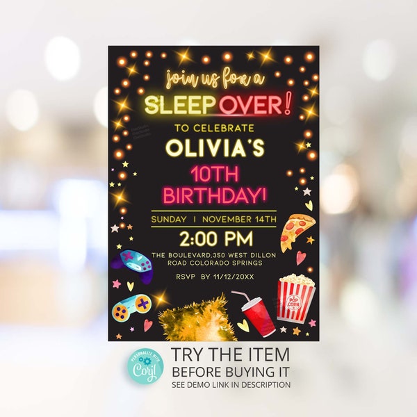 Sleepover Birthday Invitation Slumber Party Invite Girl Pajama Party Glamping Movie Night Editable Template Corjl SS1