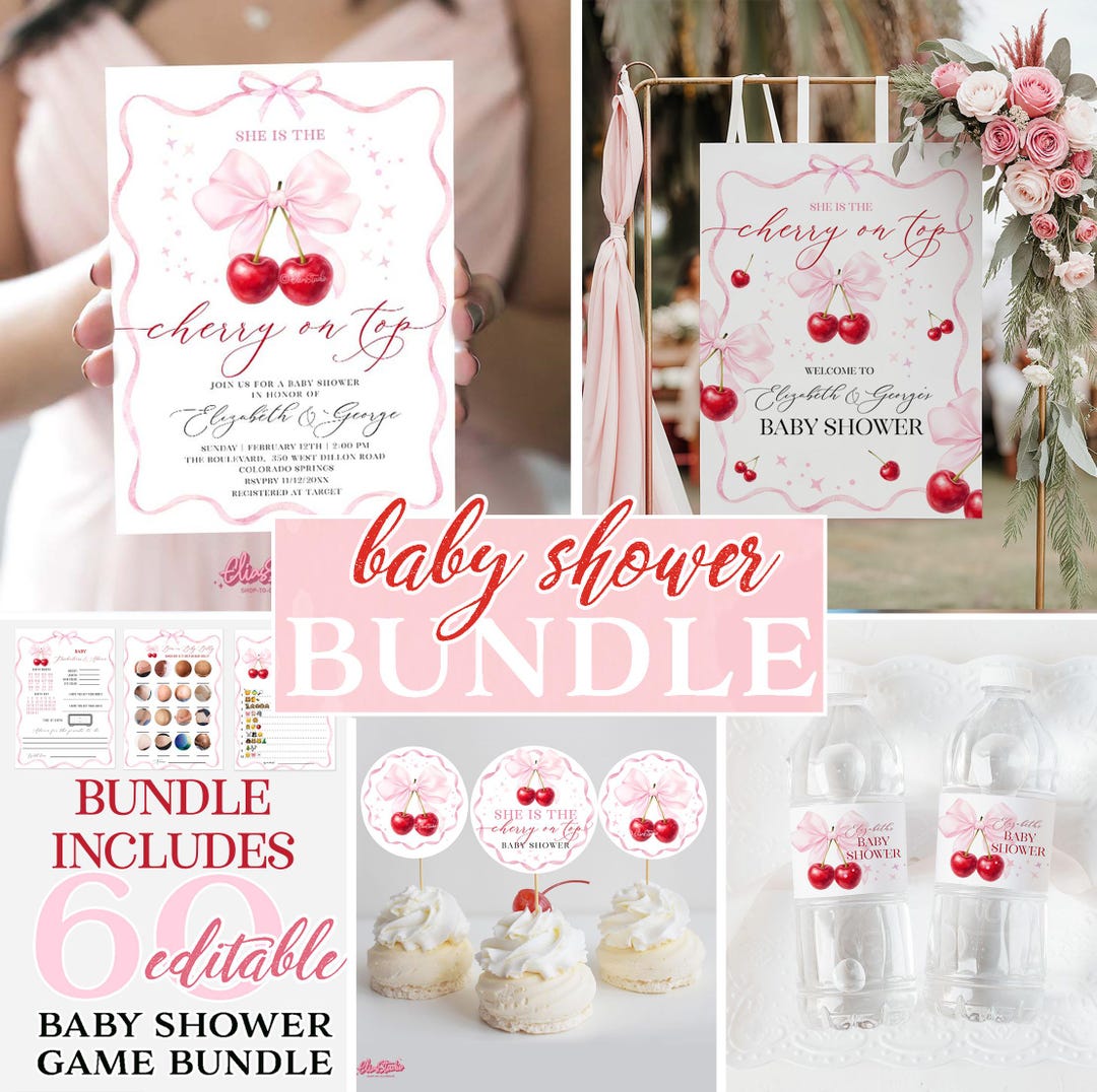 Cherry Baby Shower Bundle, Pink Bow Baby Shower Decorations, 60 Baby ...