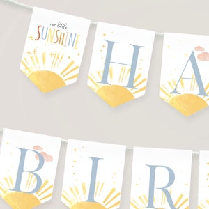 Happy Birthday Banner Little Sunshine Birthday Decorations Sun Bunting Banner Template, First Trip Around the Sun S26