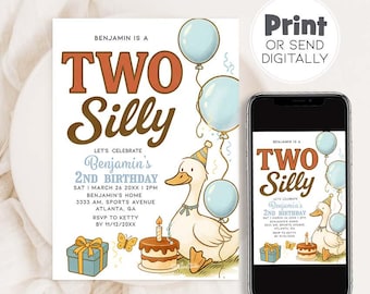Two Silly Goose 2nd Birthday Invitation: Blue Gingham (Digital Template 5x7" PDF, PNG, JPG )