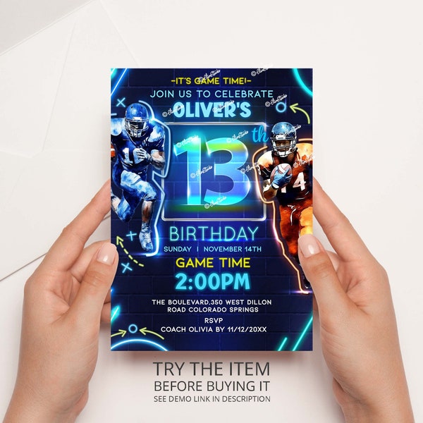 American Football 13th Birthday Invitation, Football Birthday Party Neon Invite, Neon Birthday Sports Invite Template, Football Invite AM27