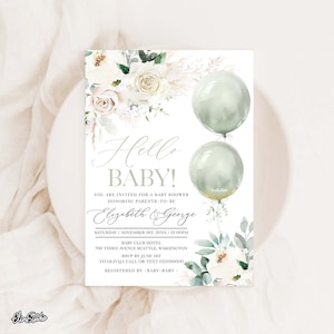 May include: A baby shower invitation with a watercolor floral design and green balloons. The text reads "Hello Baby!" and includes the names "Elizabeth & George".