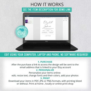 May include: A laptop screen displaying a wedding invitation template with the text "Elizabeth & Sebush" on a white background. The text "HOW IT WORKS" is displayed above the laptop screen. The text "EDIT USING YOUR COMPUTER, LAPTOP AND PHONE, NO SOFTWARE REQUIRED!" is displayed below the laptop screen. The text "1. PURCHASE", "2. PERSONALIZE", and "3. PRINT" are displayed below the laptop screen.