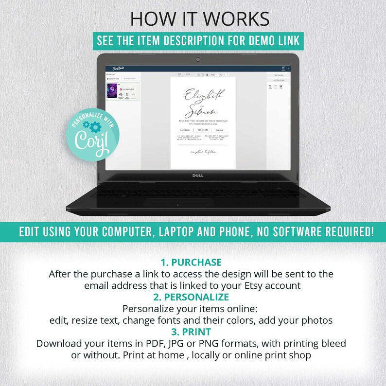 May include: A laptop screen displaying a wedding invitation template with the text "Elizabeth & Sebush" on a white background. The text "HOW IT WORKS" is displayed above the laptop screen. The text "EDIT USING YOUR COMPUTER, LAPTOP AND PHONE, NO SOFTWARE REQUIRED!" is displayed below the laptop screen. The text "1. PURCHASE", "2. PERSONALIZE", and "3. PRINT" are displayed below the laptop screen.