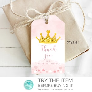 Little Princess Baby Shower Editable Thank You Tag | Favor Tags Pink and Gold Baby Shower Decorations /225