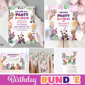 Calling All Party Animals Birthday Bundle Jungle Birthday Invitations Zoo Party Supplies Safari Animal Birthday Decorations Party Set PA93