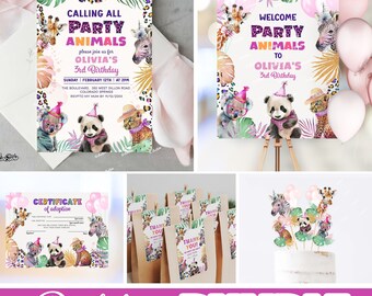 May include: A birthday party bundle with a jungle animal theme. The bundle includes a welcome sign, invitations, thank you tags, a certificate of adoption, and cake toppers. The colors are pink, purple, green, and gold.
