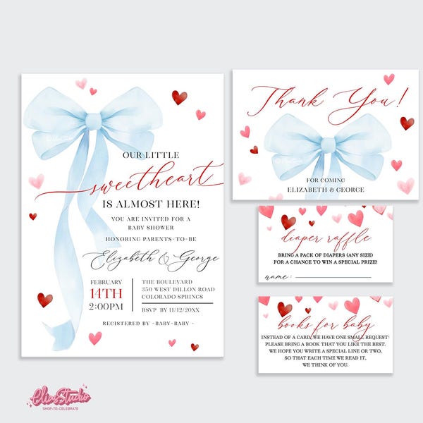 Valentines Baby Shower Invite, Bow Baby Shower Invitation BOY, Little Sweetheart Baby Shower Invitation, Love Baby Shower Theme, VB113