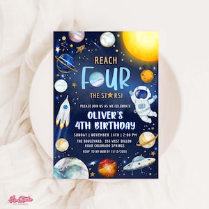 Reik naar de sterren uitnodiging, Outer Space verjaardagsuitnodiging, 4e verjaardag uitnodigen jongen, astronaut verjaardagsfeestje uitnodiging SP593