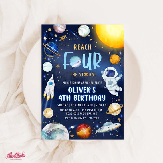 Reach For The Stars Invitation, Outer Space Birthday Invitation, 4th Birthday Invite Boy, Astronaut Birthday Party Invitation SP593