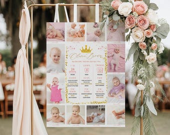 Milestone Sign One Year Old Little Princess Birthday | Pink and Gold Princess Decorations Birthday |  Princess Birthday Chalkboard PR100
