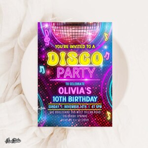 Disco Birthday Party Invitation Template, Disco Ball Invitation, Neon Birthday Invitation, Editable Birthday Invite, Disco Party Invite  N52