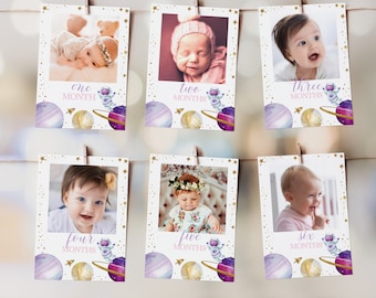 Editable Pink Space Birthday Photo Banner, 1st Birthday Girl Milestone Photo, First Trip Around The Sun Birthday, First Year Photos SP464