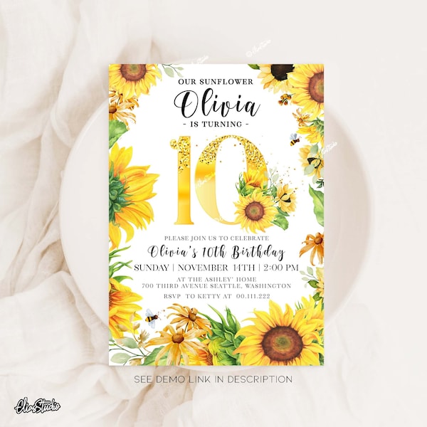 10th Birthday Sunflower Invitation, Our Little Sunflower 10th Birthday Invitation, 10th Birthday Girl Invite, Sunflower Birthday SR81