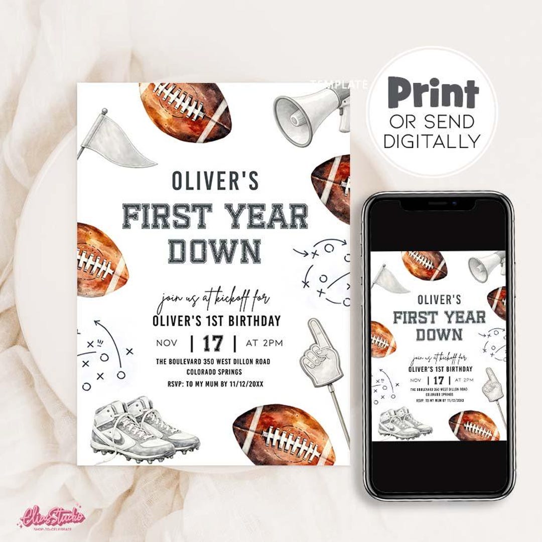 First Year Down Invitation, Football 1st Birthday Invite Boy, American ...