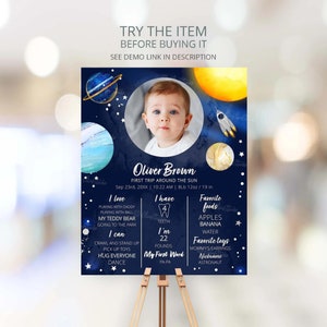 Photo First Birthday Milestone Sign Template First Trip Around the Sun Birthday Silver Collection Space Birthday Corjl Milestones Sign SP377