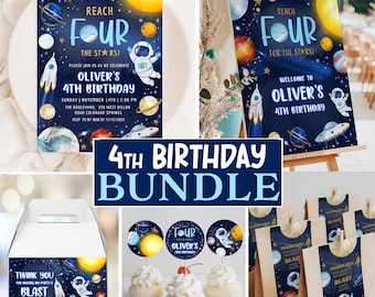Reach For The Stars Bundle, Outer Space Birthday Invitation, 4th Birthday Invite Boy, Astronaut Birthday Party Invitation SP624