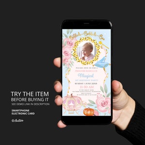 Princess Birthday Party Phone Invitation With Photo Pumpkin Carriage Bibbidi Bobbidi Boo Birthday Invite Digital Our Little Princess P295