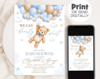 We Can Bearly Wait Baby Shower Invitation: Teddy Bear Baby Shower Boy Invitation (Digital Download)