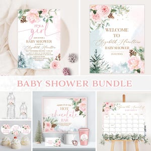 It&#39;s a Girl Baby Shower Invitation Set, Winter Wonderland Baby Shower Invitation Girl Bundle, Pink Baby Shower W208