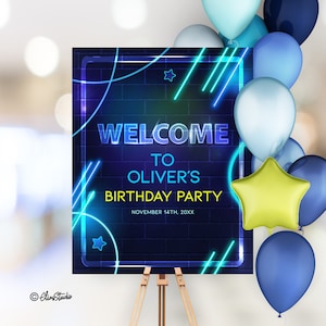Editable Neon Birthday Welcome Sign Template Birthday Boy Neon Glow Party Sign Birthday Party Sign Printable Neon Welcome Sign N42