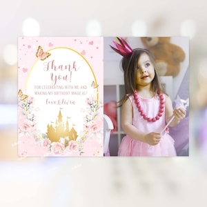 Carte de remerciement d'anniversaire petite princesse modifiable avec photo, carte de remerciement de fête d'anniversaire fille imprimable anniversaire fille fête château PR53
