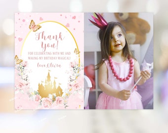 Editable Little Princess Birthday Thank You Card with Photo, Girl Birthday Party Thank You Card Printable Birthday Girl Party Castle PR53