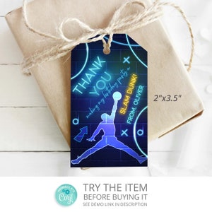 Modèle d'étiquette de remerciement de thème de basket-ball de sport néon, étiquettes de cadeau de basket-ball étiquette de faveur de basket-ball décoration de fête de sport Merci étiquette de régal N36