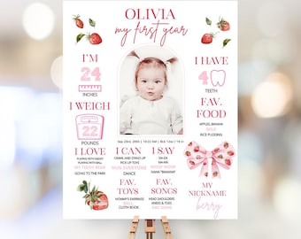 Letrero de hito de primer cumpleaños con fresas, letrero de hito de primer cumpleaños con bayas, decoración de primer cumpleaños de niña con lazo, tablero de hitos, Sb36