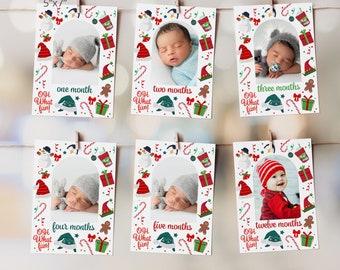 Puede incluir: Seis tarjetas de fotos blancas de 12,7 x 17,8 cm con un tema navideño rojo y verde. Cada tarjeta tiene un hito de edad diferente, de uno a doce meses. Las tarjetas tienen un borde blanco y un recorte para una foto. Las tarjetas están decoradas con una variedad de iconos navideños, incluyendo bastones de caramelo, regalos y gorros de Papá Noel.