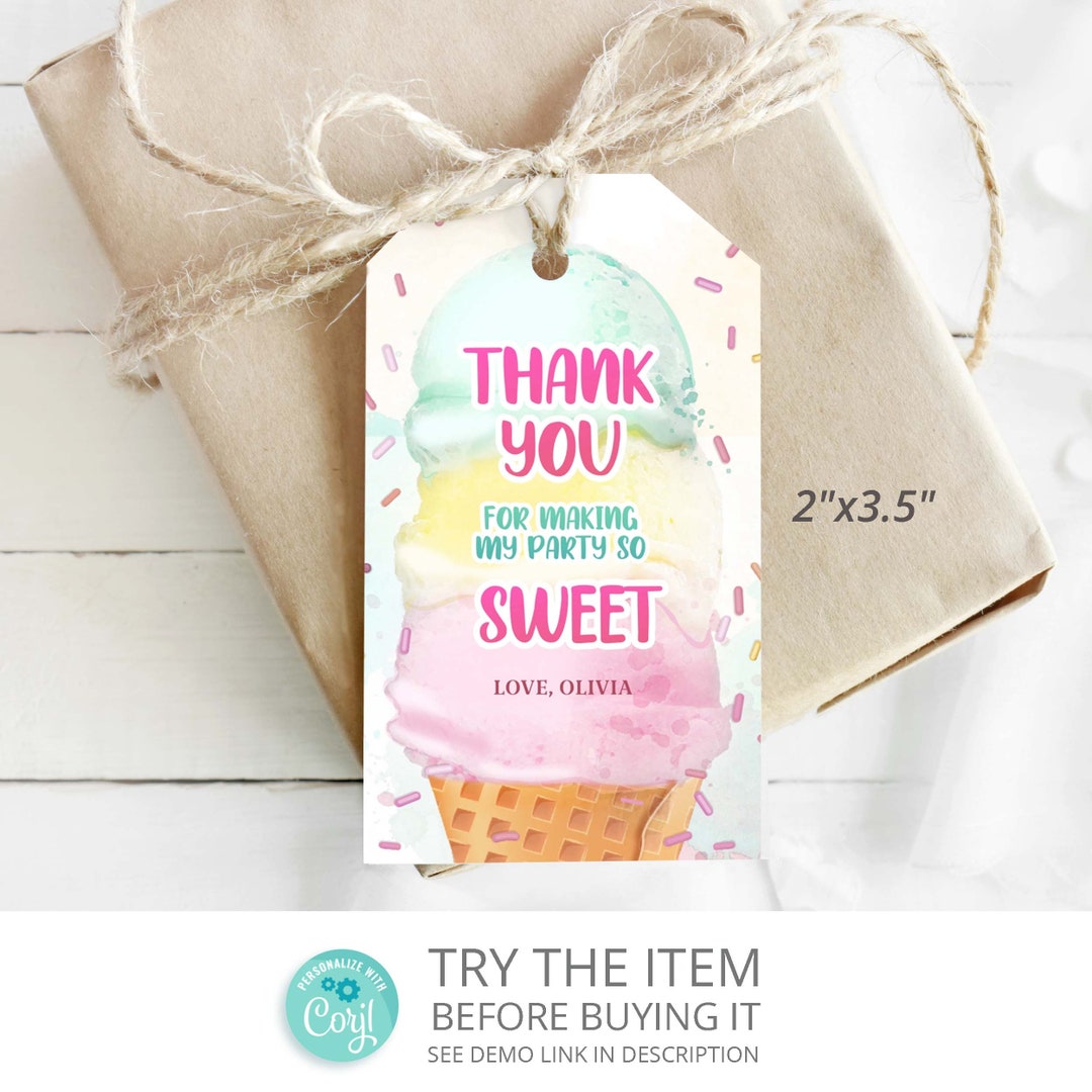 Editable Ice Cream Scoop Favor Tags. Ice Cream Birthday Party Thank You