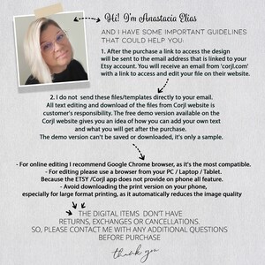 May include: A white background with black text explaining important guidelines for editing digital files. The text includes instructions for accessing and editing files after purchase, using the Corjl website, and using Google Chrome browser for online editing. The text also includes a note about the free demo version and its limitations. The text ends with a thank you message.