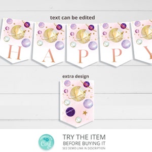 Editable Outer Space Birthday Banner, Pink Gold Galaxy First Birthday Party Decorations Bunting Banner, Template Printable SP122
