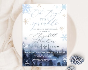 May include: A blue and white baby shower invitation with a winter theme. The invitation features snowflakes, a watercolor background, and the text "Oh Boy! It's a sprinkle. Join us for a baby sprinkle in honor of Elizabeth Hamilton. Saturday, December 15, 2-6:00 PM. 1234 N. Bryant Street San Francisco, California. Hosted by: Julia Taylor. RSVP: 415-567-8234. -Elizabeth is registered at Buy Buy Baby-."