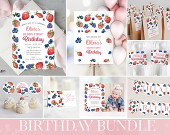 Berry First Birthday Invitation Bundle, Editable Strawberry Birthday Bundle, Blueberry Birthday Template, Birthday Girl Berry Party Set SB13