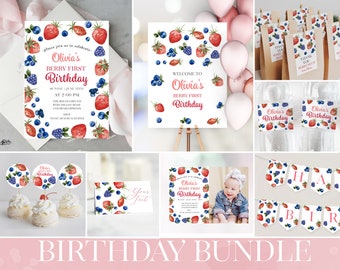 May include: A printable party bundle for a first birthday with a berry theme. The bundle includes invitations, a welcome sign, favor tags, cupcake toppers, a banner, and a photo card. The design features watercolor illustrations of strawberries, blueberries, and blackberries.
