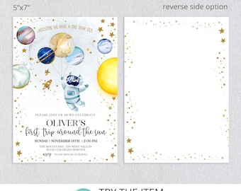 Editable Space Birthday Invitation First Trip Around The Sun | Space Birthday Party Invitation | Galaxy First Birthday Invite SP358