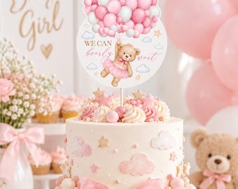 We Can Bearly Wait Cake Topper, Teddy Bear Baby Shower Centerpiece, Pink Balloon Bear Party Decor, Printable Corjl Template BW11