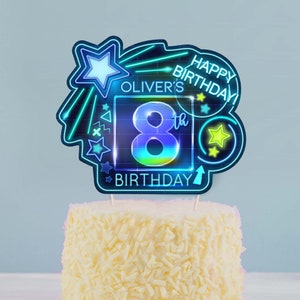 Neon Birthday Decorations Cake Topper Template Boy 8th Birthday Neon Personalized Cake Topper Digital N12