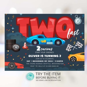 2 fast 2 curious Invitation Race Car Birthday Invitation Race Cars Party 2nd Birthday Invitation Template Corjl CA32
