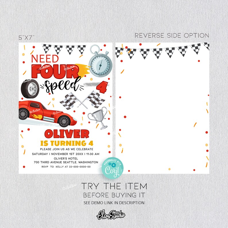 Puede incluir: Una invitaci&oacute;n de cumplea&ntilde;os de coche de carreras rojo con una bandera a cuadros, un trofeo y un cron&oacute;metro. El texto dice "Need Four Speed Oliver is turning 4".