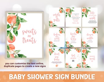 May include: A set of printable baby shower signs featuring watercolour illustrations of peach blossoms and the text "cards and gifts", "babies are sweet", "books for baby", "diaper raffle", "don't say baby", "hot cocoa bar", "please sign the guest book", "late diapers night", and "sweets and treats".