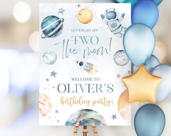 Two the Moon Birthday Party Boy Welcome Sign, Astronaut Birthday, Outer Space Birthday Party 2nd Birthday Boy, Galaxy Birthday SP612