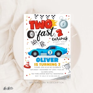 Two Fast Two Curious Birthday Invitation, Two Fast Birthday, Race Car Party, Race Car Birthday Boy Invitation Template CA39