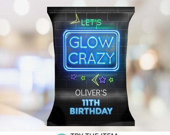 May include: A black chip bag with a neon blue and purple sign that says "Let's Glow Crazy". The bag also has the text "Oliver's 11th Birthday" on it.