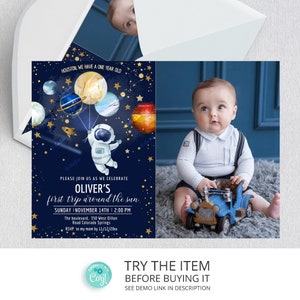 Editable Space Birthday Invitation First Trip Around The Sun | Space Birthday Party Invitation | Galaxy First Birthday Invite SP13