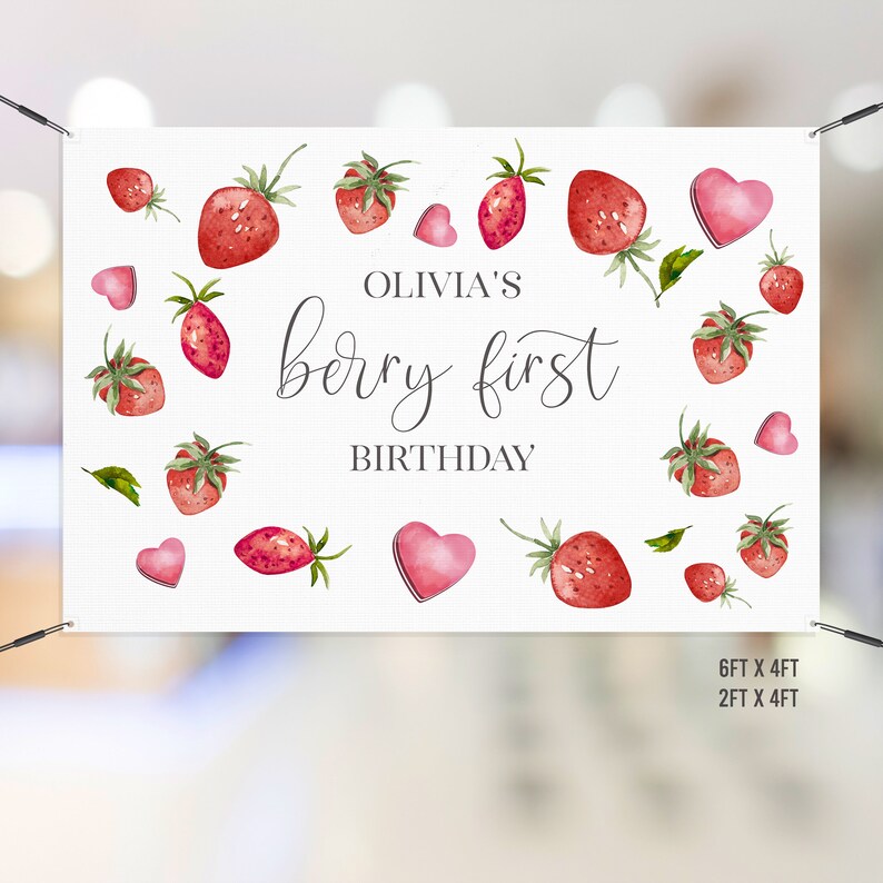 Editable Berry First Birthday Backdrop Banner Personalized birthday banner Strawberry First Birthday Berry Girl Birthday 981